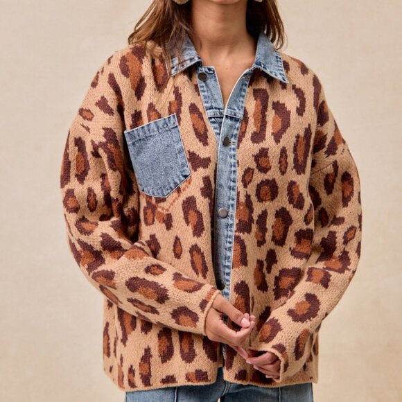 SOLD OUT BIBI Leopard Print Denim Jean Jacket Animal Print Cardigan - Picture 9 of 14